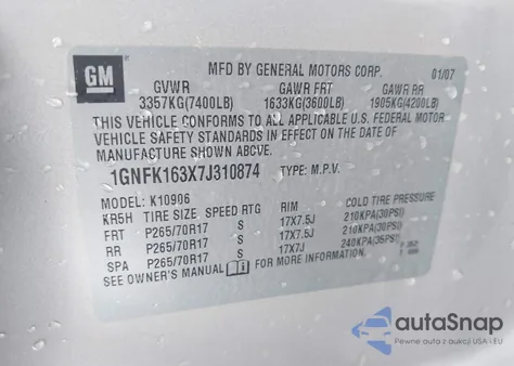 2007 Chevrolet Suburban 1500 Lt from USA, damaged, VIN 1GNFK163X7J310874